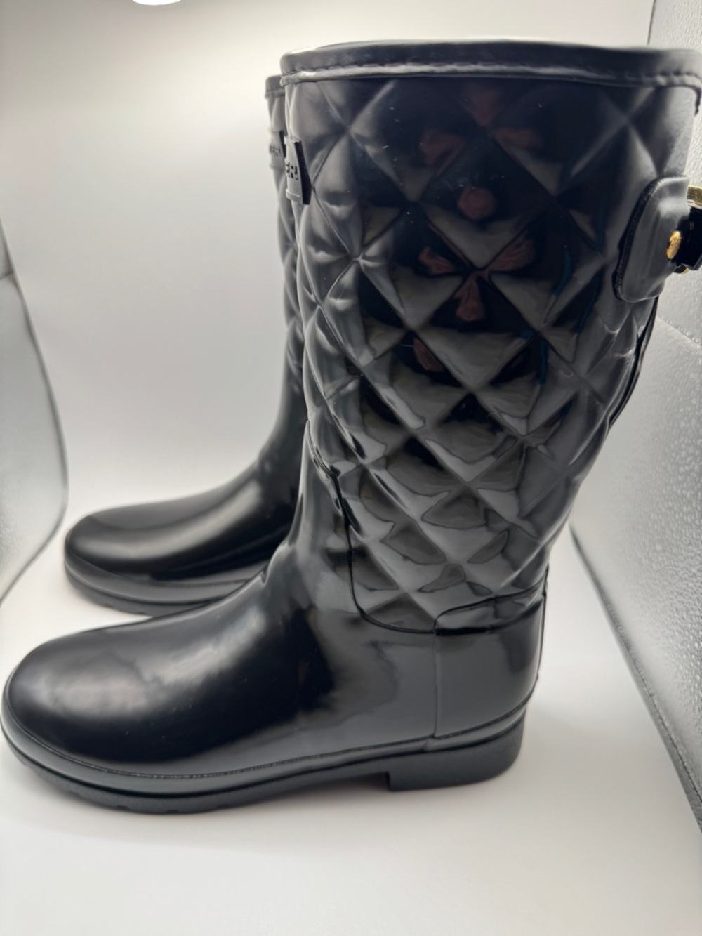 Hunter Refined Gloss Quilt Short Mid Calf Rain Boot Black Gold Womens US 7
